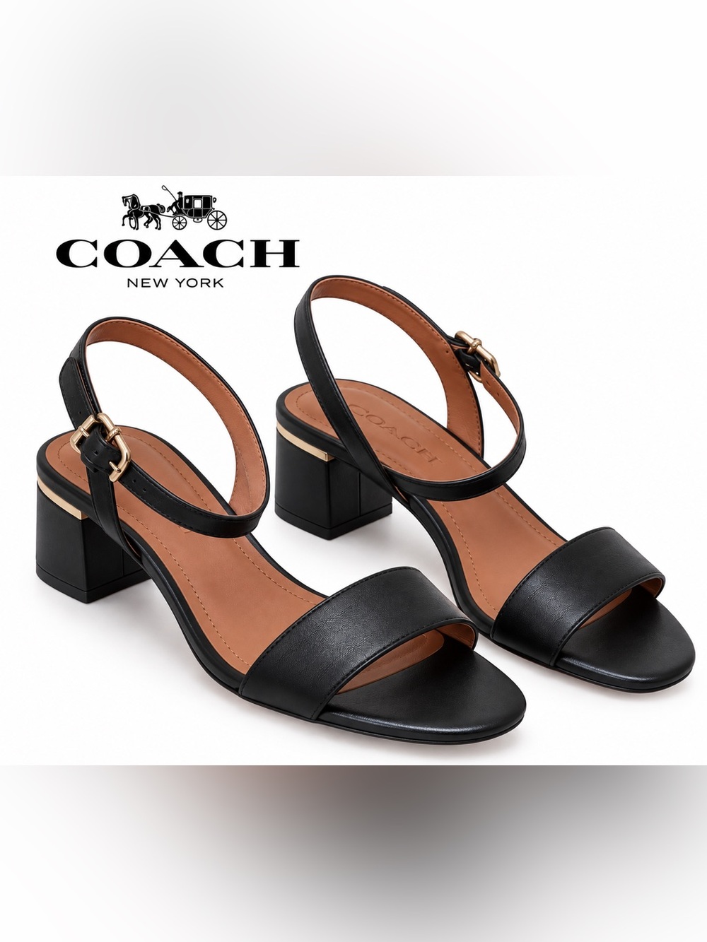 New Coach Black Leather Slingback Sandals.